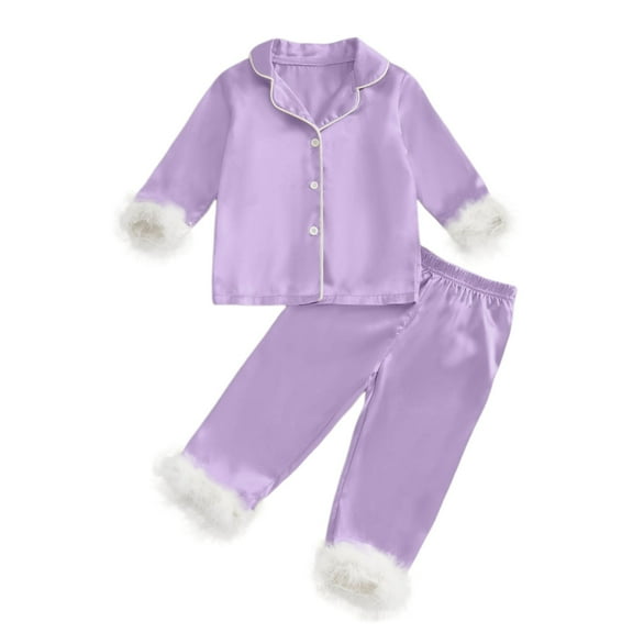 Children's Satin Pajamas Set, Long Sleeve Button-Down Top & Feather-Trimmed Pants, 2-Piece Sleepwear Outfit