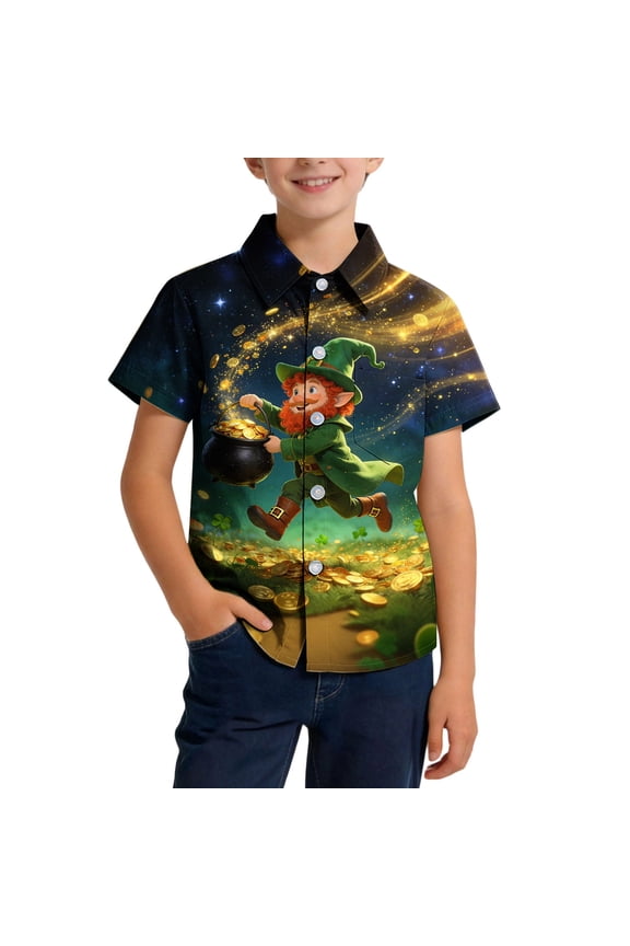 Children's School Uniform Shirt, St. Patrick's Day Printed Pocket Short Sleeve Top for Boys and Girls 2-15 Years, Casual Turn-Down Collar Blouse.