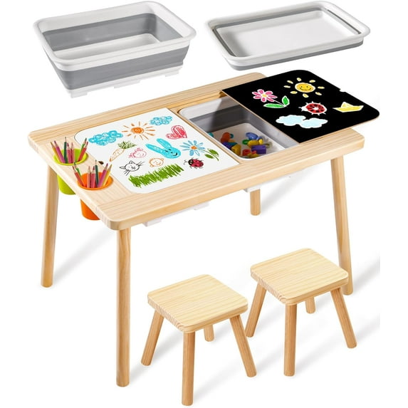 Children's Sensory Table with 2 Stool, Multifunction Toddler Play Sand Table Indoor Art Table Drawing Table for Kids, Toddler Sensory Table with 2 Storage Bin, 2 Stool, 2 Pen Holder