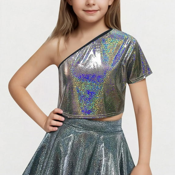 Children's Sequin Short Sleeve Crop Top Elastic Round Neck T-Shirt for Pageants Parties and Special Occasions
