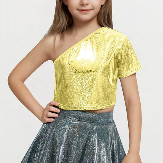 Children's Sequin Short Sleeve Crop Top Elastic Round Neck T-Shirt for Pageants Parties and Special Occasions