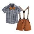 thumbnail image 1 of Youmylove Children's Set Summer New Boy's Short Sleeved Bow Tie Cotton Cardigan Suspenders Shorts Handsome Outfit 3Pcs Set Soft Comfy Casual Set, 1 of 7