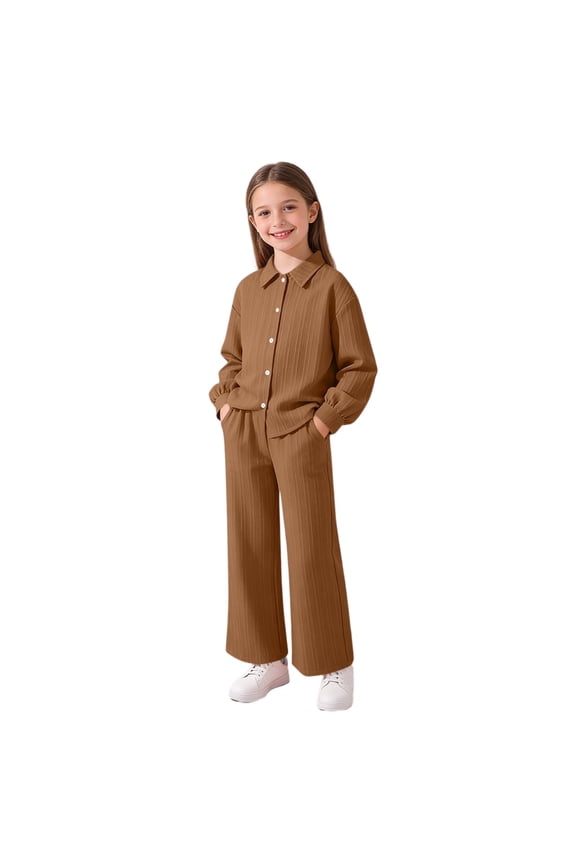 Children's Sets Solid Color Long Sleeve Turn-Down Collar Button-Up Top with Elastic Waist Pockets and Pants Two-Piece Coord Outfit Fine Ribbed Texture Relaxed Fit for Kids