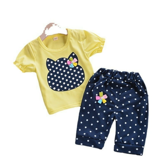 Children's Short Sleeve Set Summer New Girl Baby Fashion Dot Cat Print Cotton Two Piece Fashion Children's Set