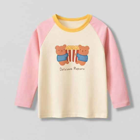 Children's Shoulder Insertion Long Sleeved T-shirt Girls Base Shirt (2-10Y) - Delicious Popcorn Bear Print Raglan Top with Soft Fabric, Limited Time Offer Under 10 Dollars