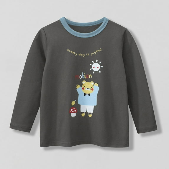 Children's Shoulder Insertion Long Sleeved T-shirt Girls Base Shirt (2-10Y) - Motion Cat Print Round Neck Top with Soft Breathable Fabric, Limited Time Offer Under 10 Dollars