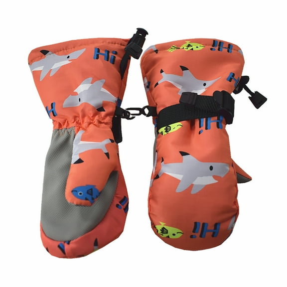 Children's Ski Gloves Cold Waterproof Non-slip Warm Cartoon Orange Shark