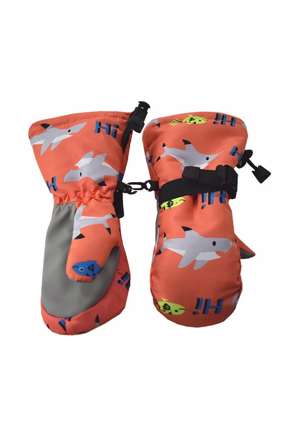 Children's Ski Gloves Cold Waterproof Non-slip Warm Cartoon Orange Shark