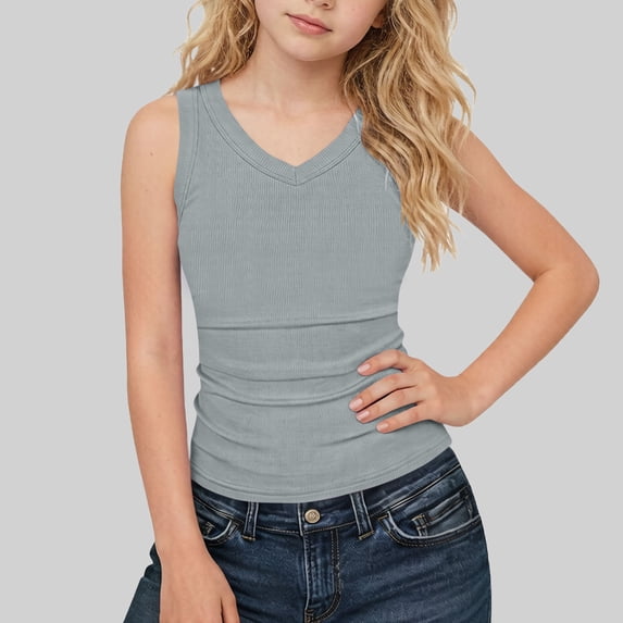 Children’s Sleeveless V-Neck Top Solid Color Summer Casual Wear