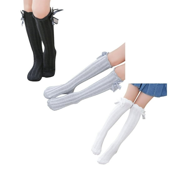 Children's Socks Mesh Girls' Medium Height Socks Bow Over The Knee Socks Children's *3PCS(White 1PCS & Black 1PCS & Grey 1PCS,One Size)