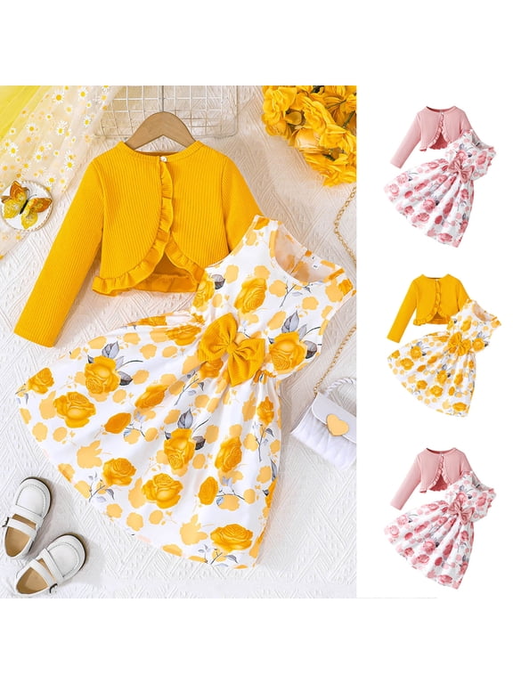 Children's Solid Color Knitted Cardigan Jacket+suspender Printed Dress Casual Sports Two-piece Set For Kids, Akmoler