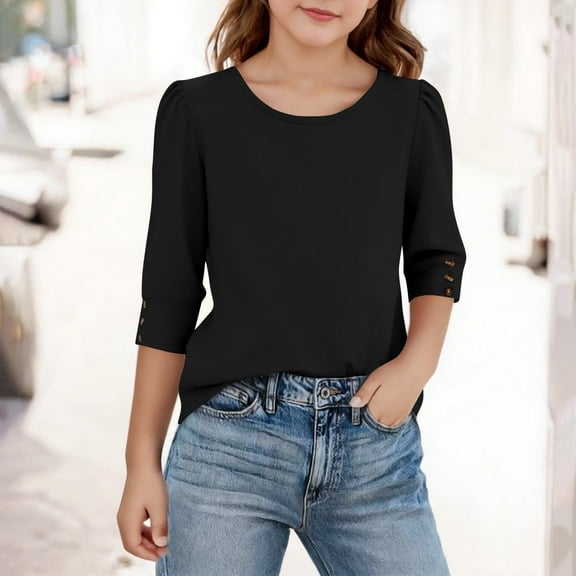 Children's Solid Color Round Neck 3/4 Sleeve Top (5-15Y) - Mid Size Casual Outerwear Base Shirt for Everyday Comfort, Limited Time Offer Under 10 Dollars
