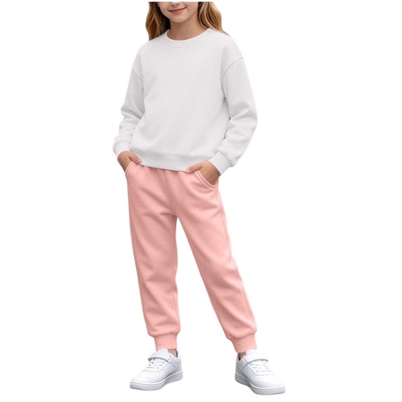 Children's Solid Color Round Neck Long Sleeved Sweatshirt Sweatpants Fleece Suit Pullover Jogging Pants Set 2 Pieces Sweatsuit 1-13 Years