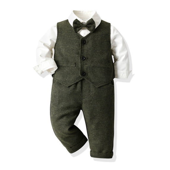 Children's Solid Color Three-Piece Gentleman Suit Set,Long Sleeve Lapel Collar Shirt,Vest and Straight Leg Pants,Formal Attire for Boy and Girl,Ideal for Weddings,School Events,Parties Blackish Green