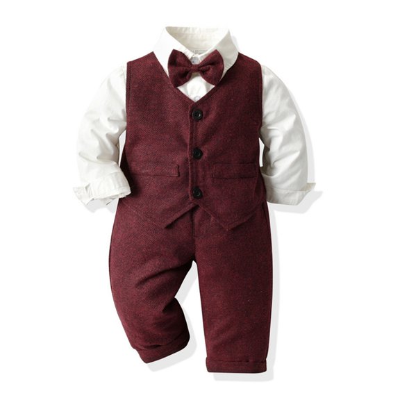 Children's Solid Color Three-Piece Gentleman Suit Set,Long Sleeve Lapel Collar Shirt with Vest and Straight Leg Pants,Formal Attire for Boys and Girls,Ideal for Weddings,School Events, Parties - Wine
