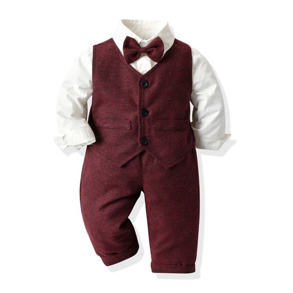 Children's Solid Color Three-Piece Gentleman Suit Set,Long Sleeve Lapel Collar Shirt with Vest and Straight Leg Pants,Formal Attire for Boys and Girls,Ideal for Weddings,School Events, Parties - Wine