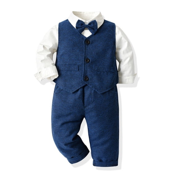 Children's Solid Color Three-Piece Gentleman Suit Set,Long Sleeve Lapel Collar Shirt with Vest and Straight Leg Pants,Formal Attire for Boys and Girls,Ideal for Weddings,School Events, Parties - Blue