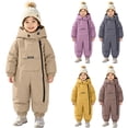 thumbnail image 1 of Children's Solid Hooded One Piece Snowsuit Winter Fleece Lined Thick Ski Jumpsuit Windproof Waterproof Long Sleeve Overall Warm Outdoor Snow Suit for Baby Boys Girls Yellow, 1 of 9