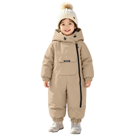 Children's Solid Hooded One Piece Snowsuit Winter Fleece Lined Thick Ski Jumpsuit Windproof Waterproof Long Sleeve Overall Warm Outdoor Snow Suit for Baby Boys Girls Khaki