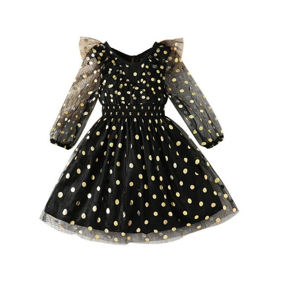 Children's Spring And Autumn Golden Polka Dot Tulle Dress For Girls,Size 3-4 Years