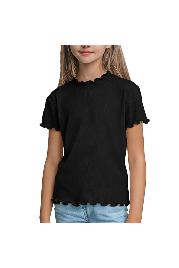 Girls Shirts Size 8 Girls' Short Sleeve Shirts Summer Clothes Solid Color Short Sleeves Round Neck Top Black 8-9Years
