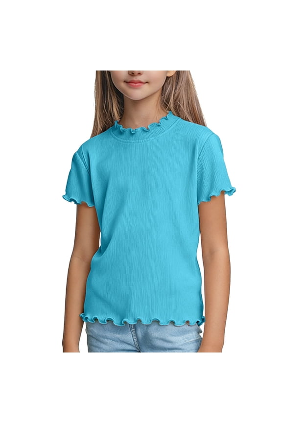 Girls Clothes under $5.00 Girls Short Sleeve Tops Solid Color Round Neck Top Summer Clothes For Girls Ribbed Lettuce Edge Tee Sky Blue 1-2Years