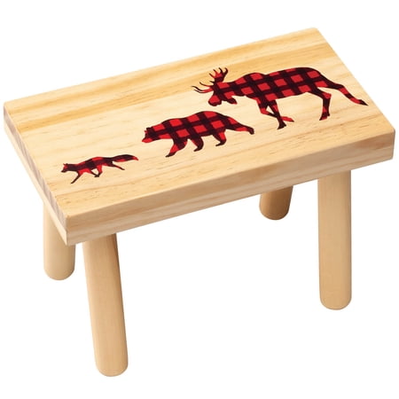 Children's Step Stool, Natural Wood, Buffalo Plaid Design