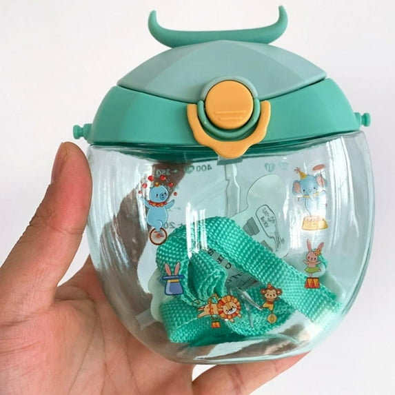 Children's Straw Cup Portable Water Bottle with Rope - Spill Proof and Leak Resistant, Green