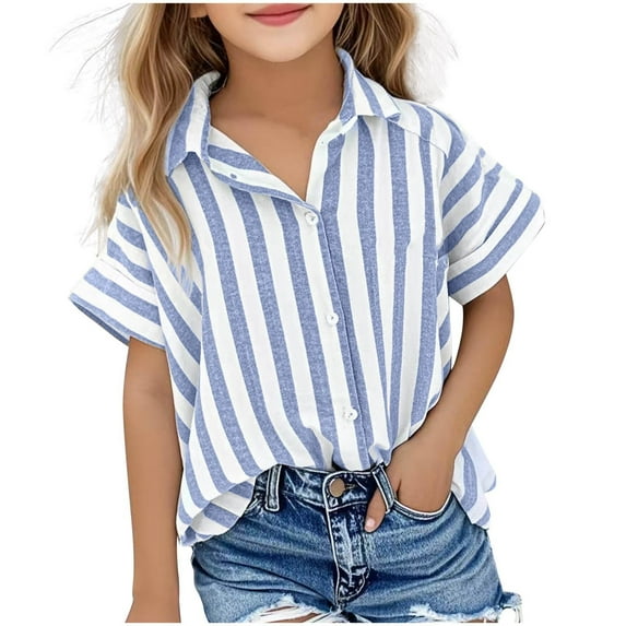 Auroural toddler Girls Shirts Size 5T Girl's Striped Button up Short Sleeve Tops Children's Loose and Comfortable Outwear Blue 5 Years
