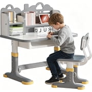 Childrens Study Desk and Chair Set (Ages 3-12) - Height Adjustable Childrens Study Desk | Ergonomic Chair (Gray)
