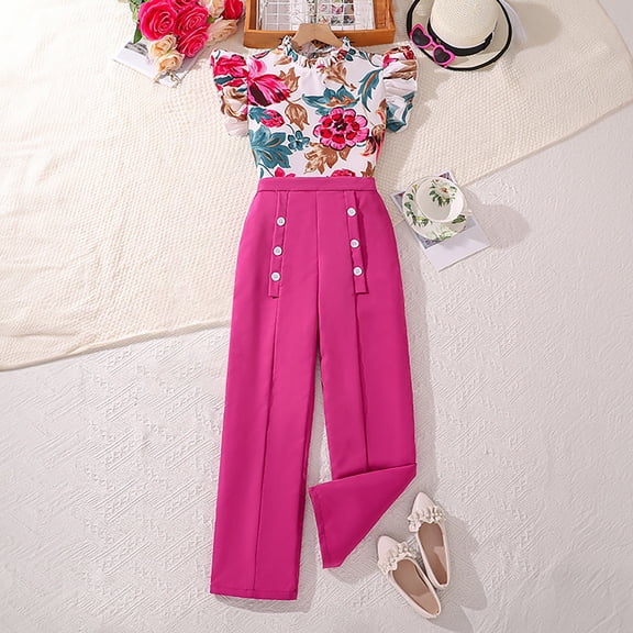 Children's Summer Children's Suit New Flying Sleeve Printed Top Pants Children's Clothes 7 12 Years Old