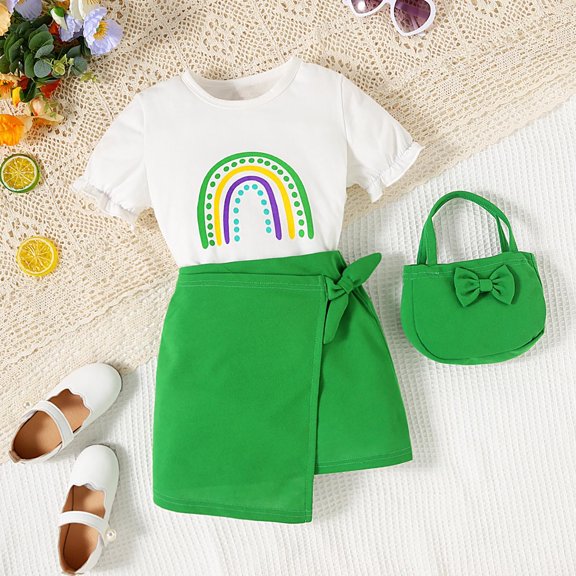 Children's Summer Girl Children Rainbow Printed Round Neck T Shirt   Skirt Bag Three Green Rose Red Suit Bow Bag