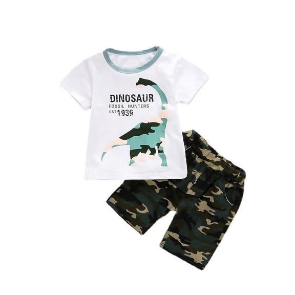 Children's Summer New Short Sleeve Set for Boys and Babies Camo Dinosaur Print T-shirt Short Sleeve Fashion Casual Two Piece Set