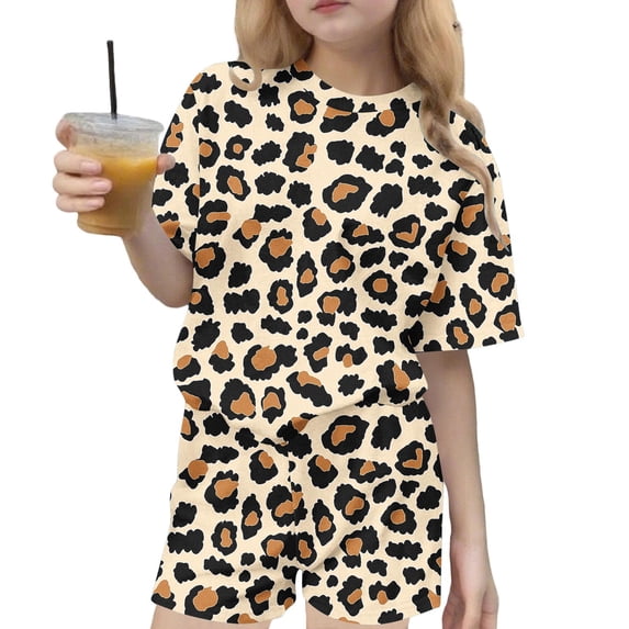 Auroural 2 Piece Clothing Sets for Toddler Children's Summer Leopard Print Leisure Round Neck Short Sleeves Top and Shorts Two-Piece Set for Kids