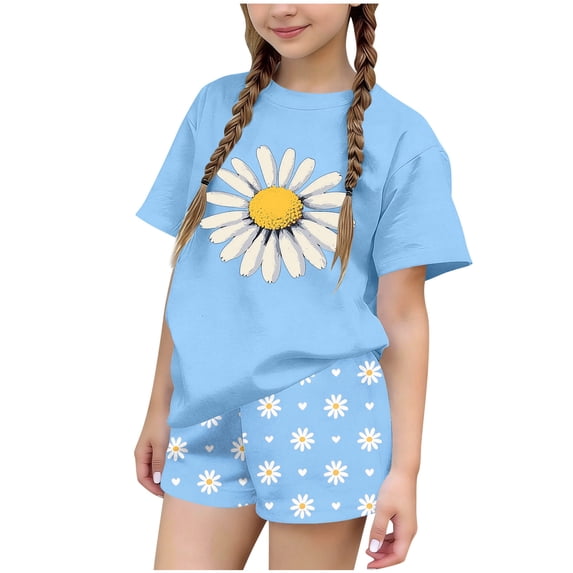 Auroural Girls 2 Piece Set Size 8 Children's Summer Floral Printed Leisure Round Neck Short Sleeves Top and Shorts Two-Piece Set for Kids