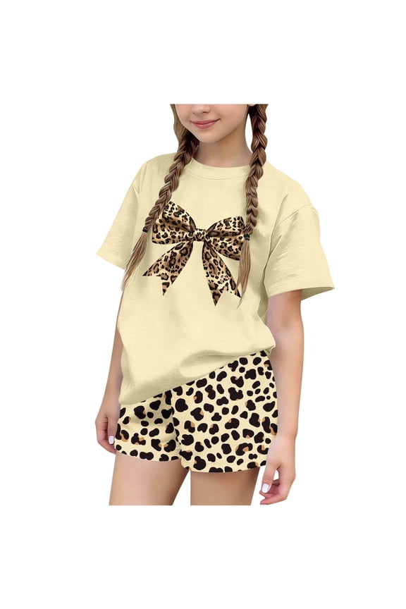 2 Piece Clothing Sets for Girls Children's Summer Bowknot Printing Leisure Round Neck Short Sleeves Top and Leopard Print Shorts Two-Piece Set for Kids