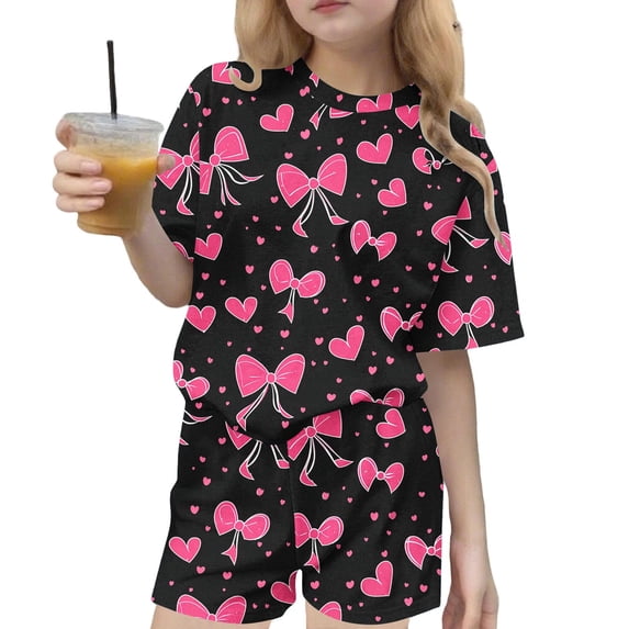 Auroural Girls Clothes Size 8 Sets Children's Summer Bowknot Printing Leisure Round Neck Short Sleeves Top and Shorts Two-Piece Set for Kids