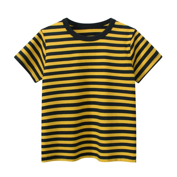 Children's Summer Short Sleeved T-Shirt Classic Striped Printed Tee Regular Fit Round Neck Casual Cotton Top Yellow 7-8 Years