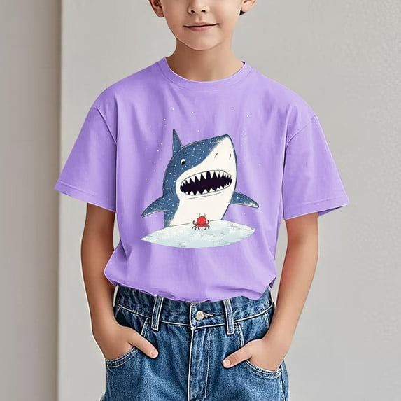 Children's Summer Short Sleeved Top Trendy Novelty Cartoon Printed Pattern T-Shirt Round Neck Casual Versatile Holiday Tee Purple 9-10 Years