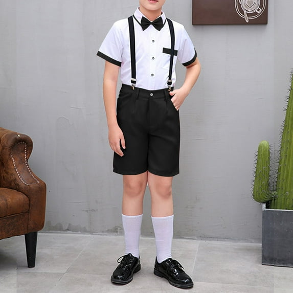 Children's Summer Solid Color Casual Suit Performance Suit Formal Dress And Wearing A Bow Sets Short Sleeve Lapel Sets For Kids
