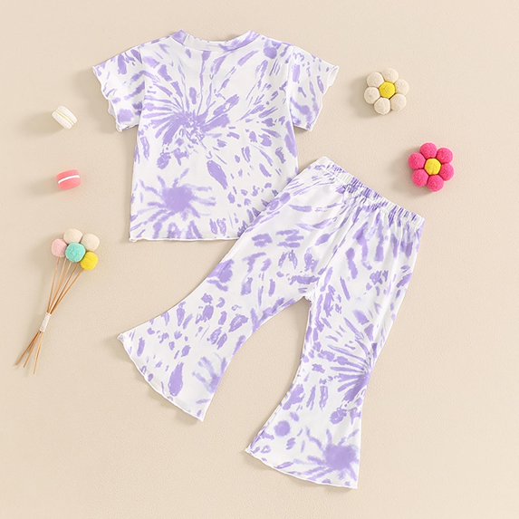 Children's Summer Suit Girls' Tie Dye Round Neck Short Sleeved Top Cropped Trousers Two Set