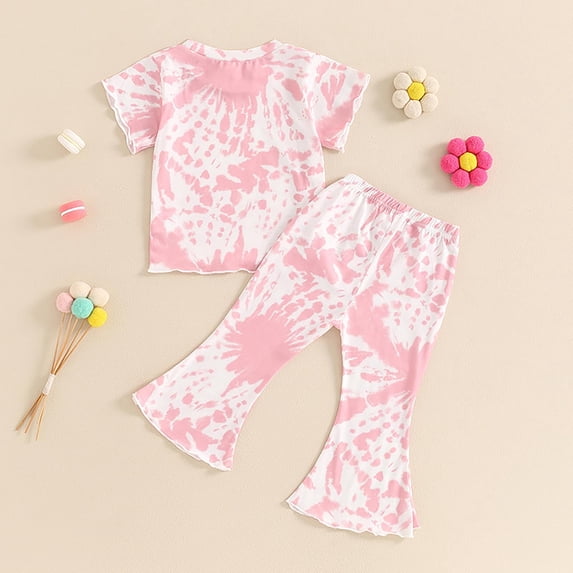 Children's Summer Suit Girls' Tie Dye Round Neck Short Sleeved Top Cropped Trousers Two Set
