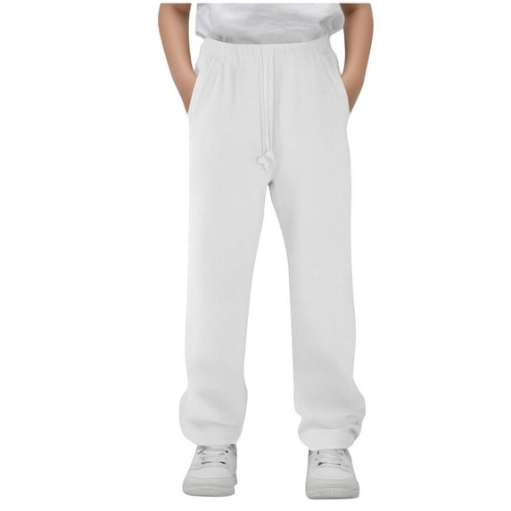 Children's Sweatpants Solid Color Casual Elastic Waist Drawstring Straight Leg Pants Breathable Outdoor Sports Long Pants with Pockets White 9 Years