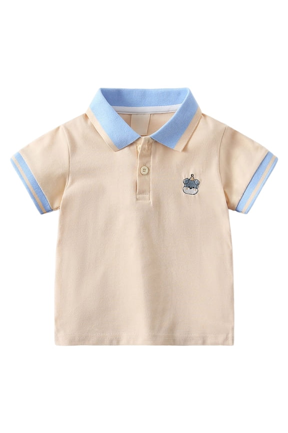 Children's Tops Boys' and Girls' Short-Sleeved Turtleneck T-Shirts Baby Pullover Striped Embroidered Polo