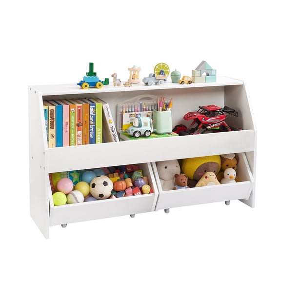 Children's Toy Storage Bookshelf Unit, White Wooden Organizer with 2 Wheeled Drawers, All-in-One Storage Cabinet for Bedroom Entryway