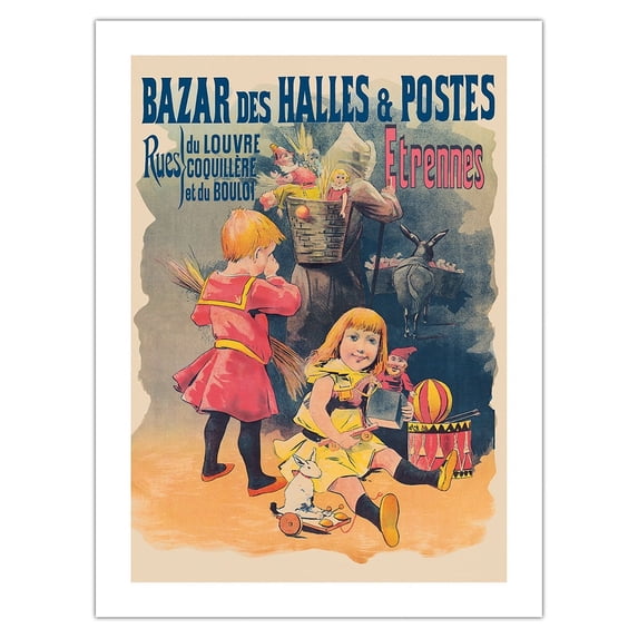 Childrenʻs Toy Stores - Bazar des Halles & Postes - Vintage French Advertising Poster by Jules Chéret c.1899 - Fine Art Matte Paper Print (Unframed) 18x24in