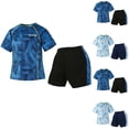thumbnail image 1 of Children's Two Piece Set Printed Short Sleeve Crew Neck Tops Elastic Waist Short Pants 4-13Years Unisex Kids Fast Drying Breathable Outdoor Sports Suit, 1 of 10