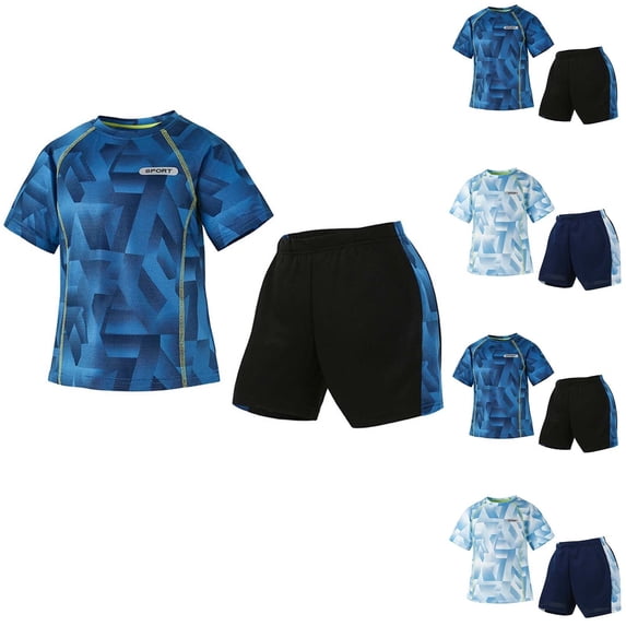 Children's Two Piece Set Printed Short Sleeve Crew Neck Tops Elastic Waist Short Pants 4-13Years Unisex Kids Fast Drying Breathable Outdoor Sports Suit
