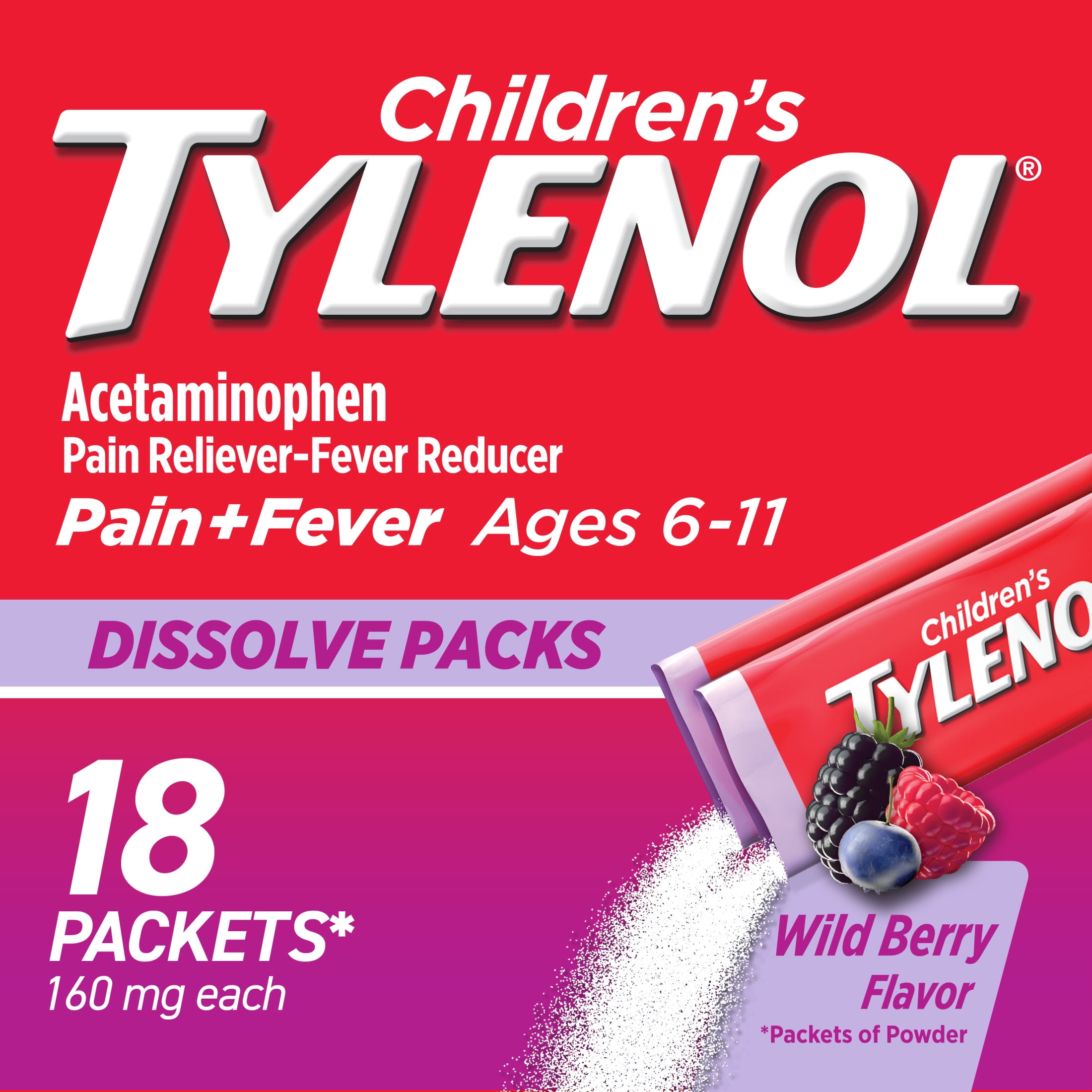 Children's Tylenol Acetaminophen Dissolve Packets, Wild Berry, 18 Ct