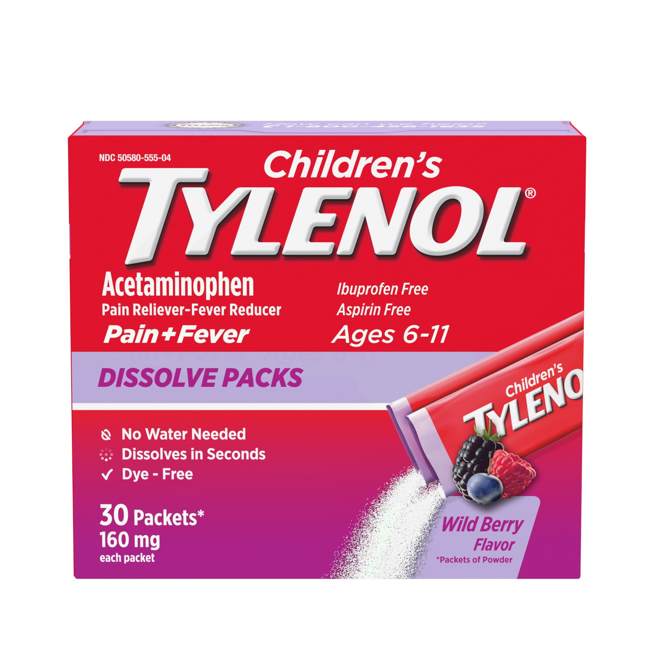 Children's Tylenol Acetaminophen Dissolve Packets, Wild Berry, 30 Ct